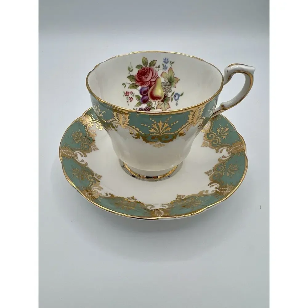 Vintage Paragon England Floral Rose‎ White Turquoise Tea Cup & Saucer Set